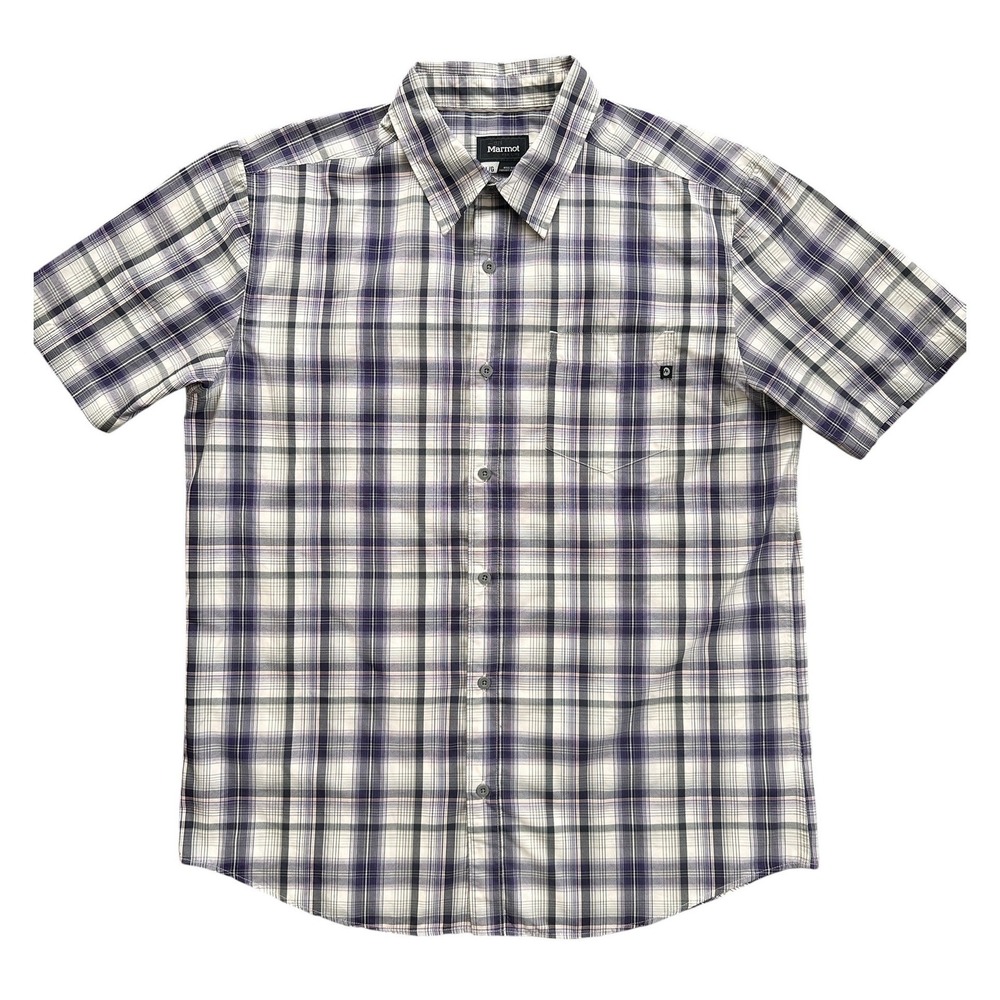 Marmot Plaid Button Down Shirt Mns Large Purple Short Sleeve Excellent Condition